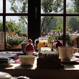 Sonniges Fruehstueck in der Fruehstueckspension Kerselarenhof in Waarschoot, Ostflandern, mit Blick auf bluehende Pflanzen.