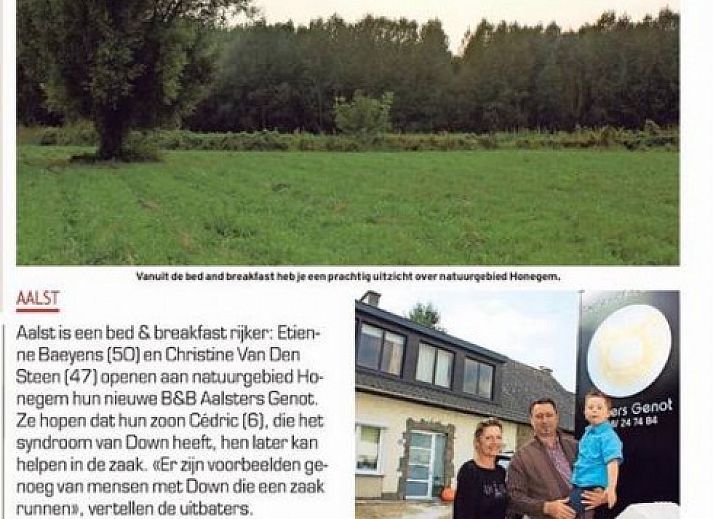Eingangsschild von Aalsters Genot, einer charmanten Fruehstueckspension in Aalst, Ostflandern, mit Kontaktinformationen.
