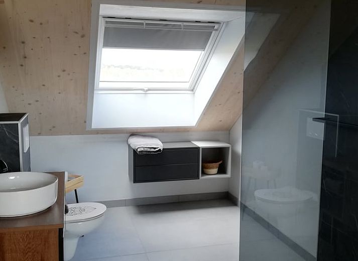 Buitenaanzicht van Huisje in Tailles, bed and breakfast in de Ardennen, met zonnige tuin en blauwe lucht.