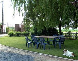 Buitenterras met zitgelegenheid bij Varlet Farm bed and breakfast, Poelkapelle, omgeven door groen.