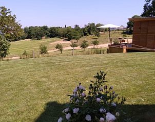 Uitzicht op de groene omgeving van De Lodge bed and breakfast in Grote-Spouwen, Limburg, met bloeiende tuin en weids landschap.