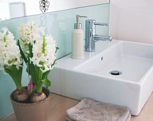 Stijlvolle badkamer met bloemen in De Fruithoeve bed and breakfast, Tongeren, Limburg, Belgi.